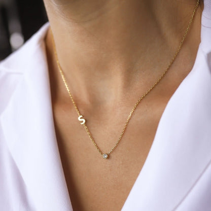 Sideways pavé initial necklace side angle – Vessaly