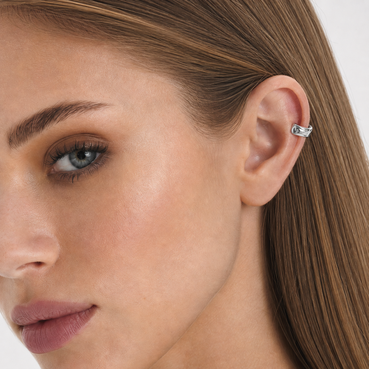 Sterling Silver Ear Cuff worn on outer ear — close-up fit