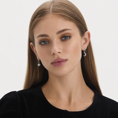 Sterling Silver Star and Moon Earrings worn by model — front view