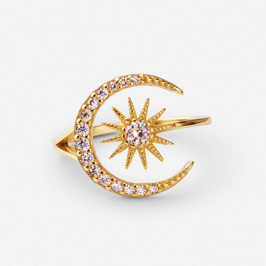 Sun and moon ring in polished gold finish