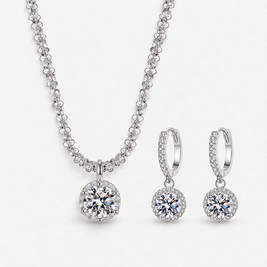 925 Sterling Silver Round Crystal Necklace & Earring Set in Clear, product view on a white background - Vessaly