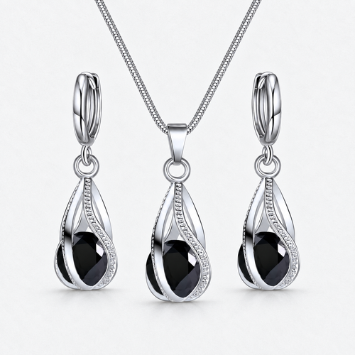 Black Crystal Twist Necklace & Earring Set in Black, product view on a white background - Vessaly