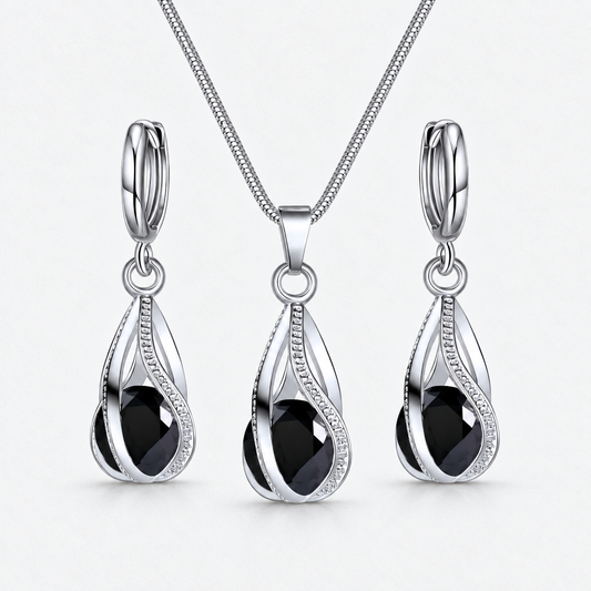 Black Crystal Twist Necklace & Earring Set in Black, product view on a white background - Vessaly
