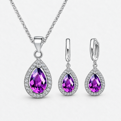 Color Crystal Teardrop Necklace & Earring Set in Purple, product view on a white background - Vessaly