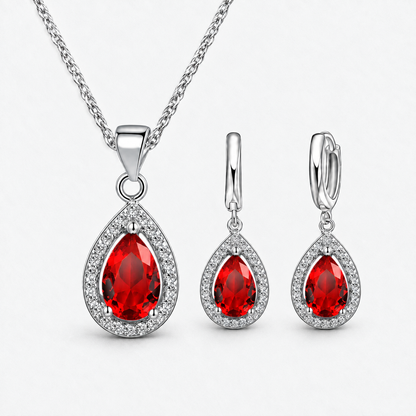 Color Crystal Teardrop Necklace & Earring Set in Red, product view on a white background - Vessaly