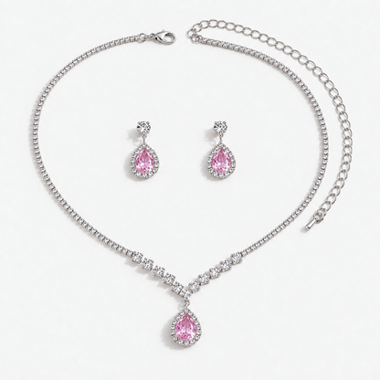 Crystal Teardrop Necklace & Earring Set in Silver / Pink, product view on a white background - Vessaly