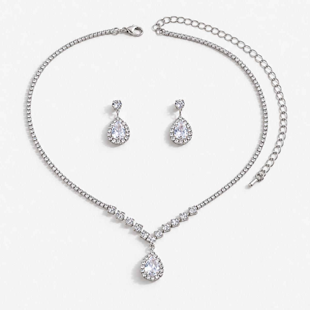 Crystal Teardrop Necklace & Earring Set in Silver / Clear, product view on a white background - Vessaly