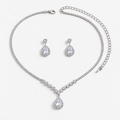 Crystal Teardrop Necklace & Earring Set in Silver / Clear, product view on a white background - Vessaly