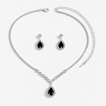 Crystal Teardrop Necklace & Earring Set in Silver / Black, product view on a white background - Vessaly