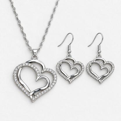 Double Heart Crystal Necklace & Earring Set in Silver, product view on a white background - Vessaly