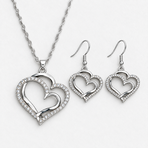 Double Heart Crystal Necklace & Earring Set in Silver, product view on a white background - Vessaly