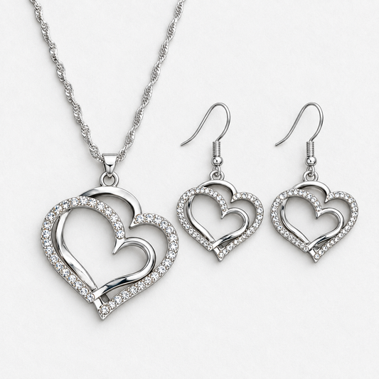 Double Heart Crystal Necklace & Earring Set in Silver, product view on a white background - Vessaly