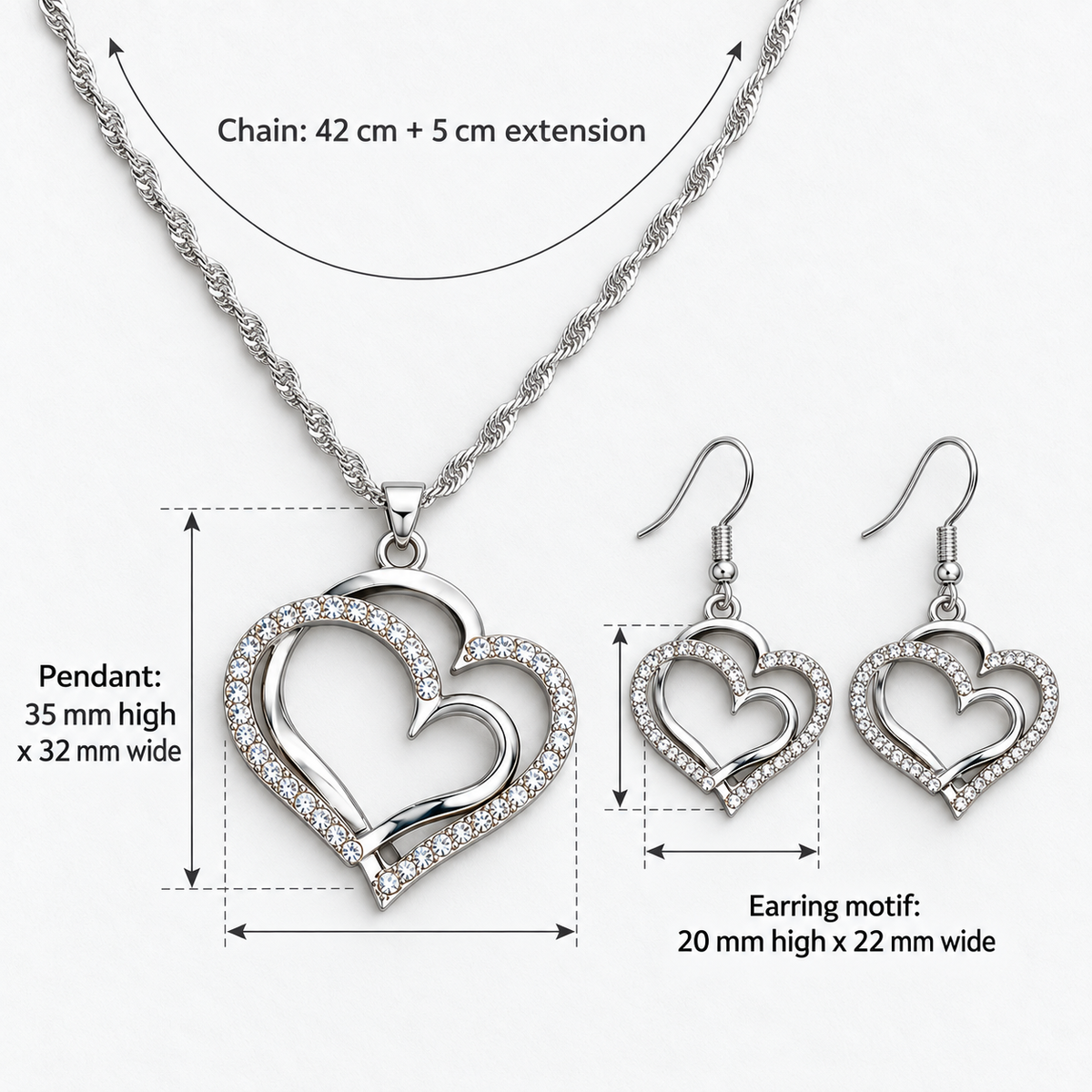 Double Heart Crystal Necklace & Earring Set, Chain: 42 cm + 5 cm extension; Pendant: 35 mm high x 32 mm wide; Earring motif: 20 mm high x 22 mm wide - Vessaly