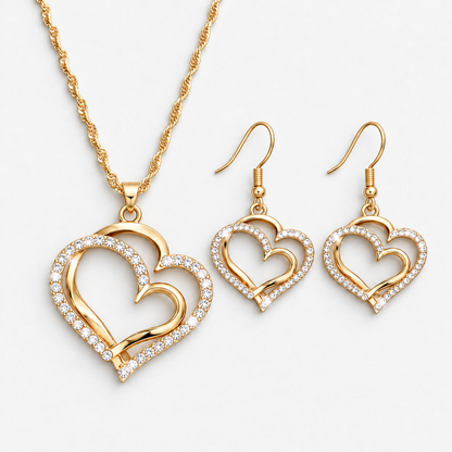Double Heart Crystal Necklace & Earring Set in Gold, product view on a white background - Vessaly