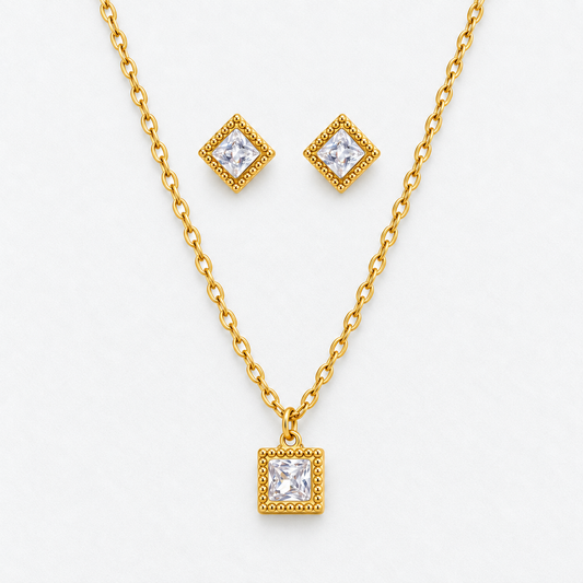 Gold Square Crystal Necklace & Stud Earring Set in Gold, product view on a white background - Vessaly