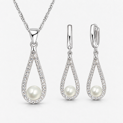 Pearl Teardrop Necklace & Earring Set in Silver, product view on a white background - Vessaly