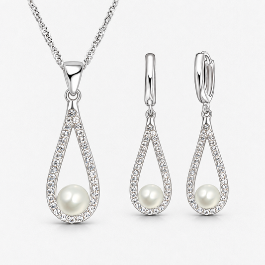 Pearl Teardrop Necklace & Earring Set in Silver, product view on a white background - Vessaly
