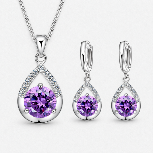 Silver-Tone Teardrop Crystal Necklace & Earring Set in Purple, product view on a white background - Vessaly