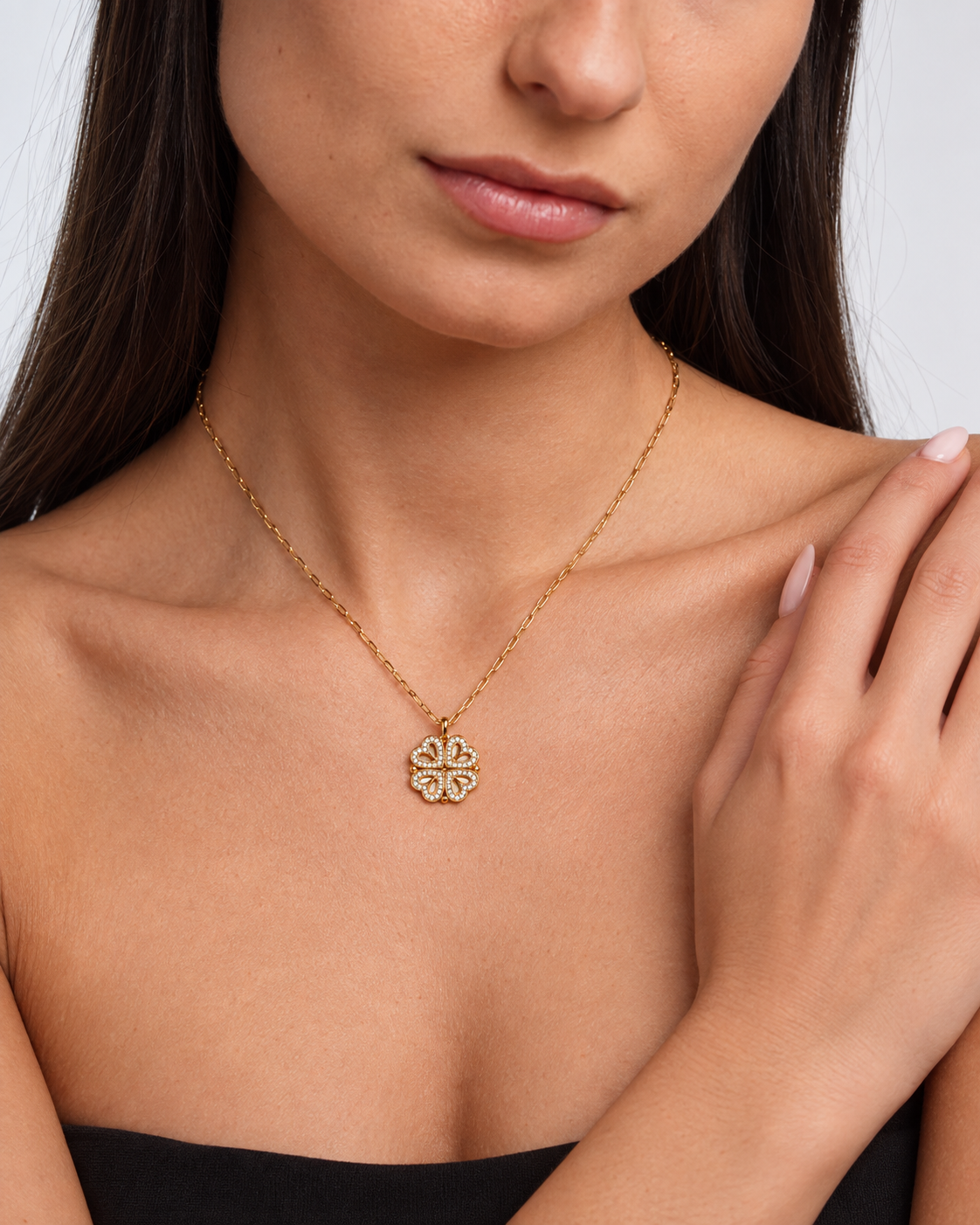 Model wearing Clover Heart Locket Necklace — gold — view 3