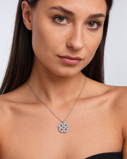 Model wearing Clover Heart Locket Necklace — silver — view 3