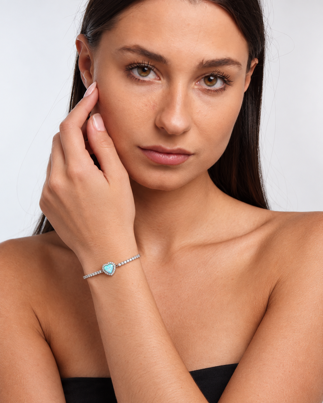 Model wearing Opal Heart Sterling Silver Bracelet — view 1