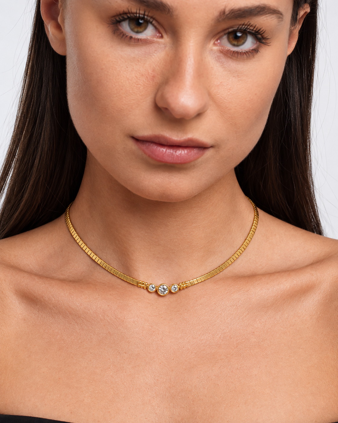 Model wearing Vintage Stainless Steel CZ Choker Necklace — gold — view 3