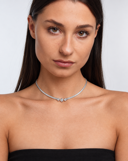 Model wearing Vintage Stainless Steel CZ Choker Necklace — silver — view 1