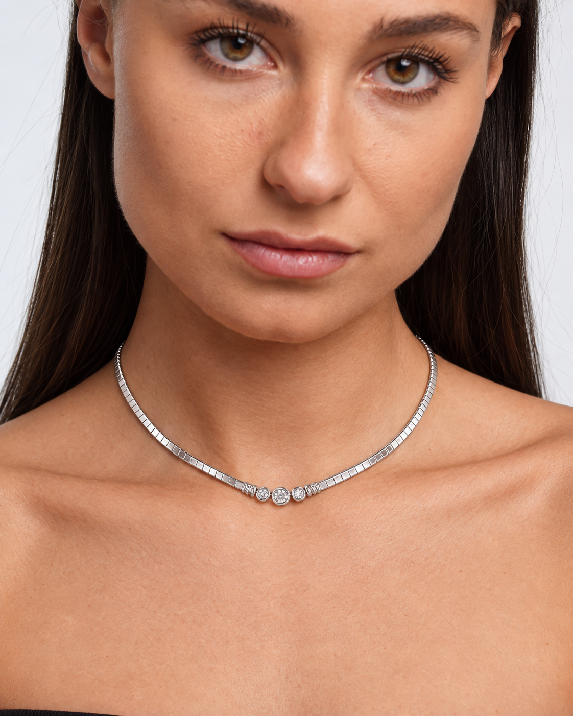 Model wearing Vintage Stainless Steel CZ Choker Necklace — silver — view 3